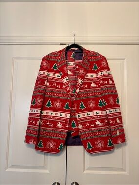 Red Holiday suit - pants, twith Green Trees and White Accents